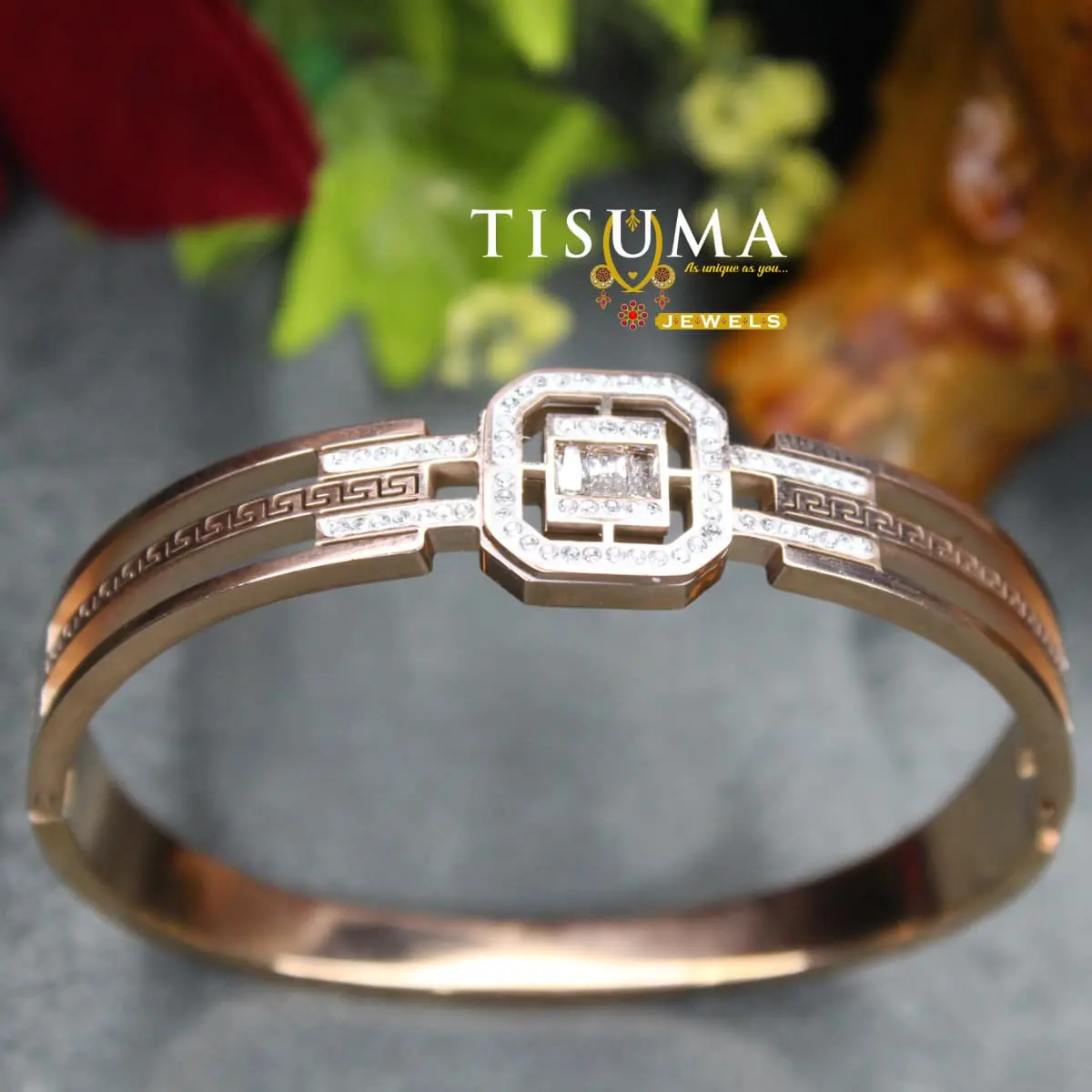 Octagon Pave Solitaire Rose Gold Anti-Tarnish Kada Bangle